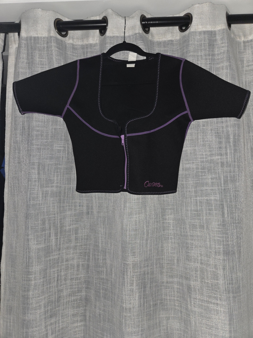 Black Cropped Zip-Front Shrug with Purple Piping